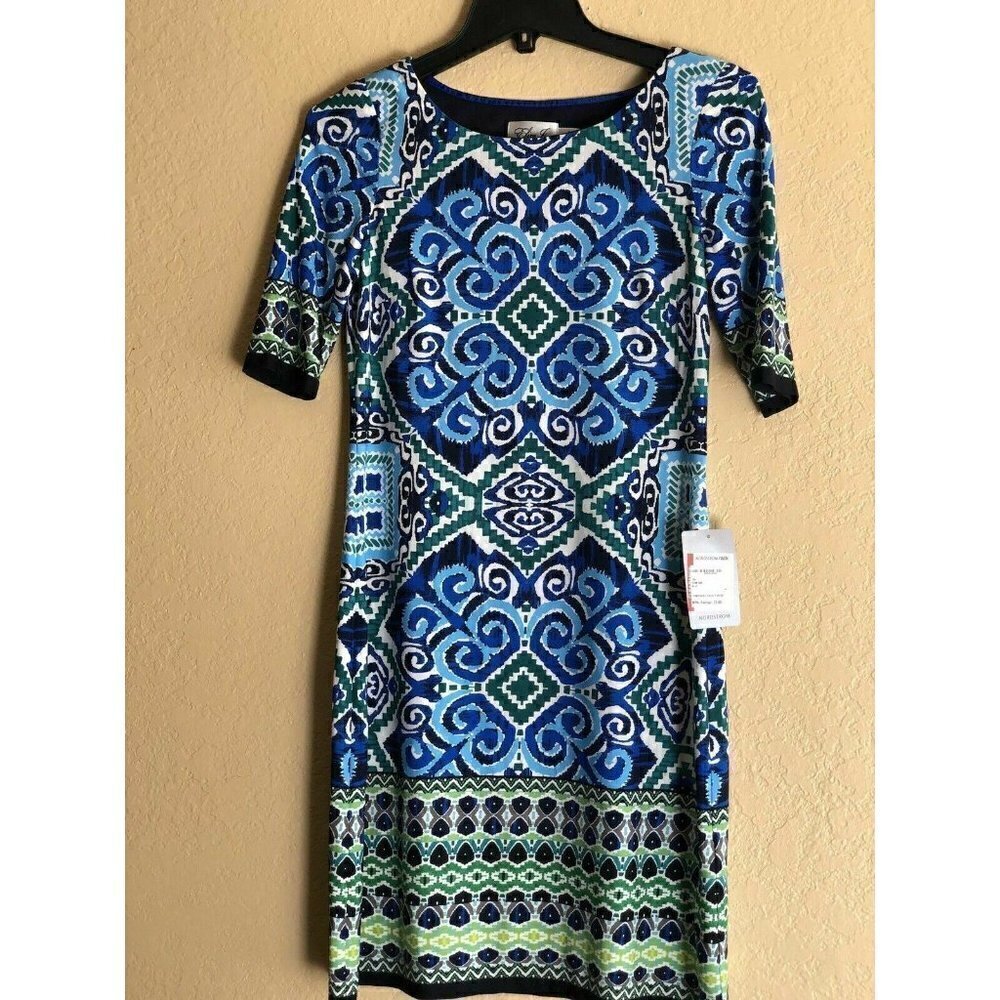 Eliza J Blue Abstract Short Sleeve Shift Dress 0 - Picture 6 of 12